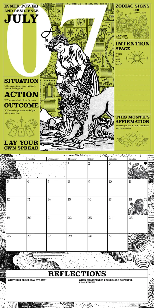 Illustrated upper half of the July tarot calendar page