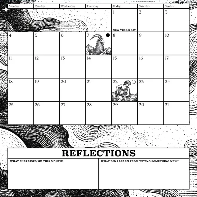 January calendar with moon phases